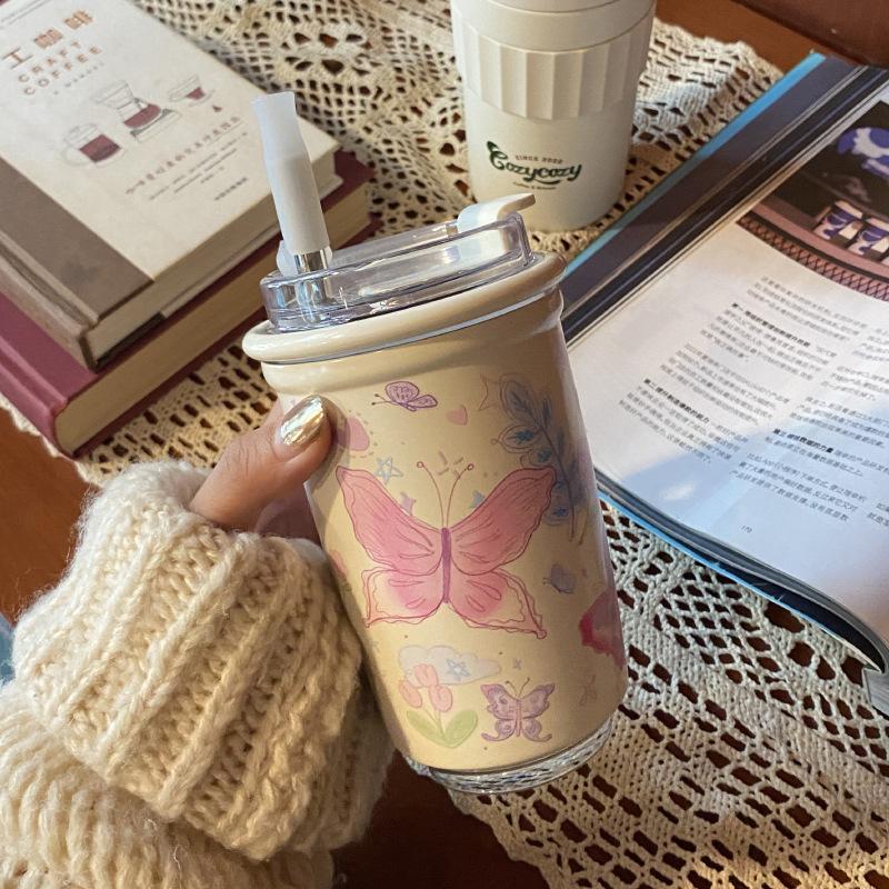 

Homemade Mori Butterfly Stainless Steel Straw Thermos Cup, Dream Garden Accompanying Cup, Car Water Cup, Coffee Cup 300ml