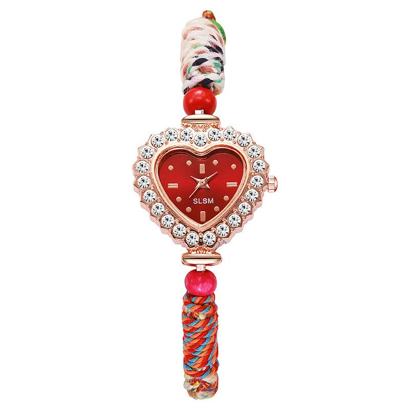

Light Luxury Ethnic Style Heart-Shaped Quartz Watch Pull-Out Braided Strap Women S Hand Rope Watch Women S Watch красный