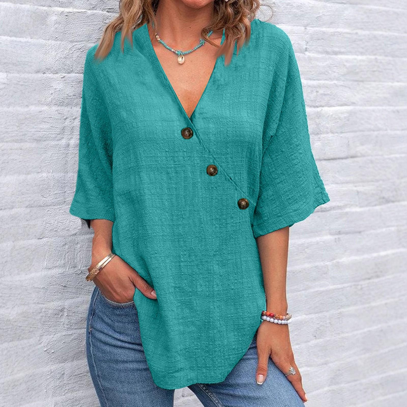 Women s Fashionable Loose Casual V-Neck Solid Color Button Up Top Solid Color Button Up Top XL небесно-голубой