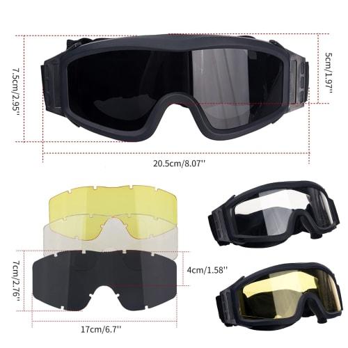 FOCUHUNTER Tactical Goggles, Sports Glasses, 3-Color Lens Set, Easy Lens Interchange, Adjustable Length, Impact Resistant, Breathable, Windproof, Dust