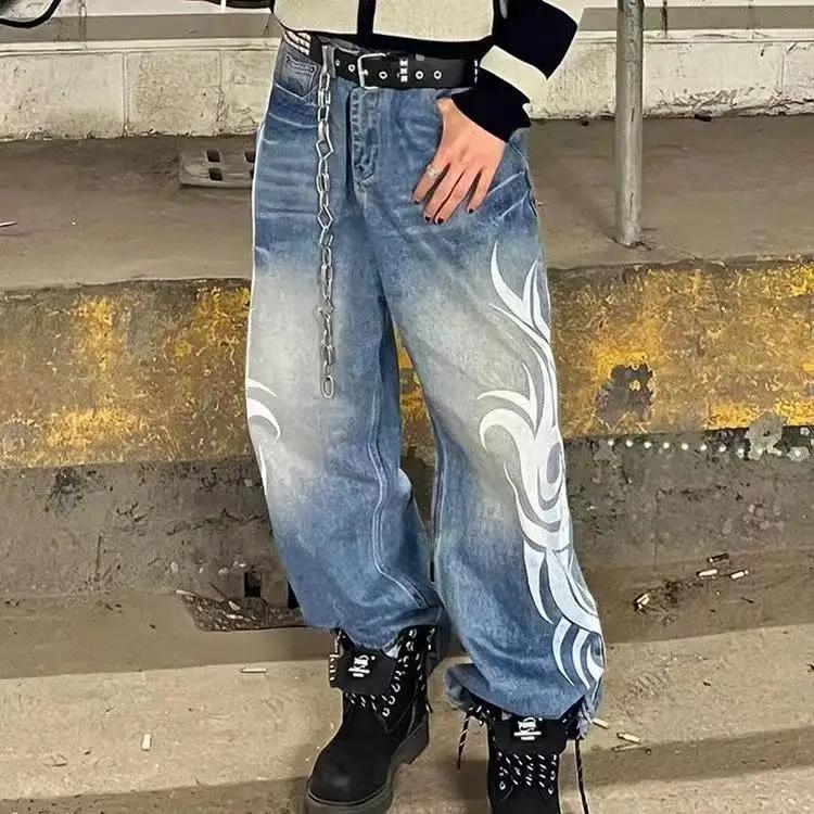 RogueWave Y2K Rosa Baggy Jeans Vintage Trykkmønster Vasket Ripped Jeans Hip Hop Streetwear Harajuku Menn Kvinner Casual Vide Ben Jeans