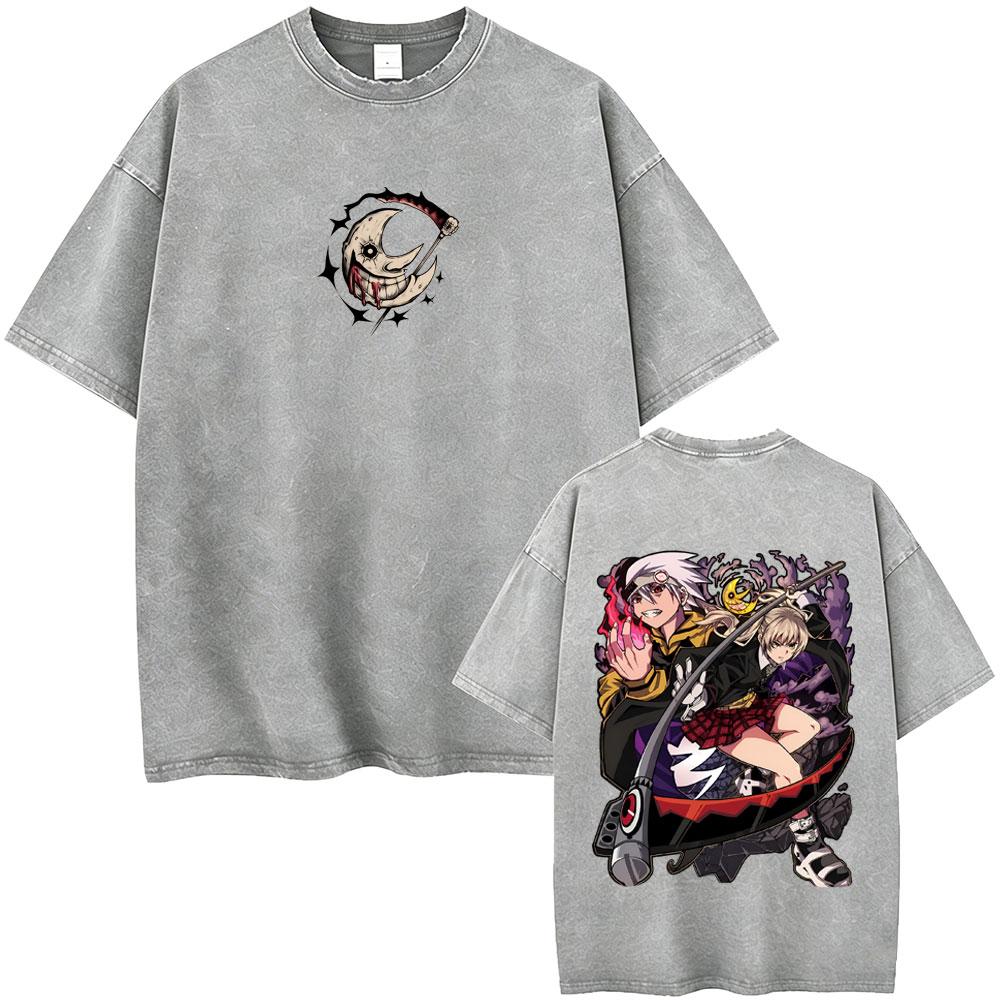 Washed Vintage Anime Soul Eater Maka Albarn Soul Evans Graphic Tshirt Mens Retro Manga T Shirts Men Cotton Oversized Tshirts