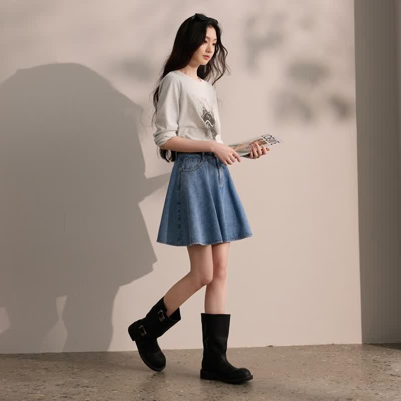 Women's Washed Denim A-Line Skirt