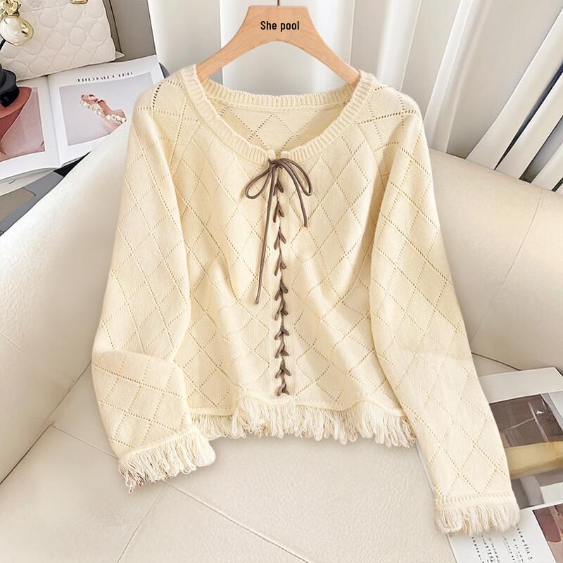 

SheChi Women s Rhombic Hollow-Out Tie-Strap Knit Cardigan S