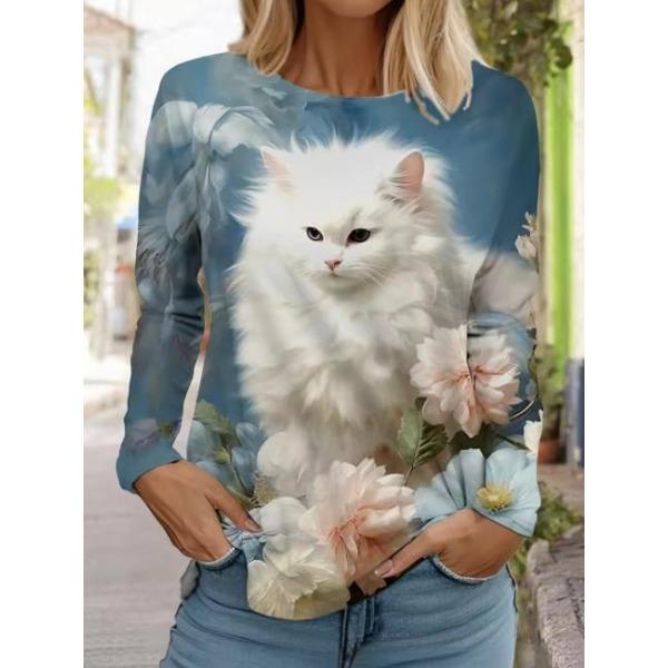 Camisetas de Mujer de Manga Larga Casuales de Moda con Cuello Redondo y Estampado de Gato Lindo con Impresión 3D para Primavera y Otoño