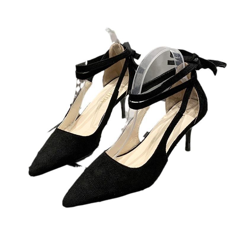 Black Large-size High-heeled Shoes Niche Design Sense 2025 New Sexy Cross-strap Pointed Head Shallow Mouth Temperament Single Shoes
