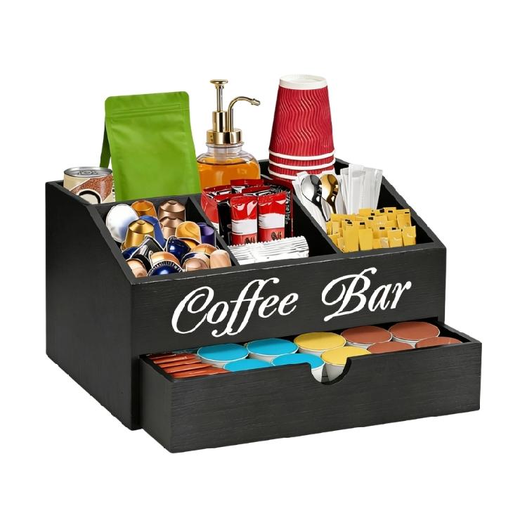 

Stylish Black Finish Coffee Accessories Tray Designed For Neatly Storing Cups Spoons And Creamers чорний