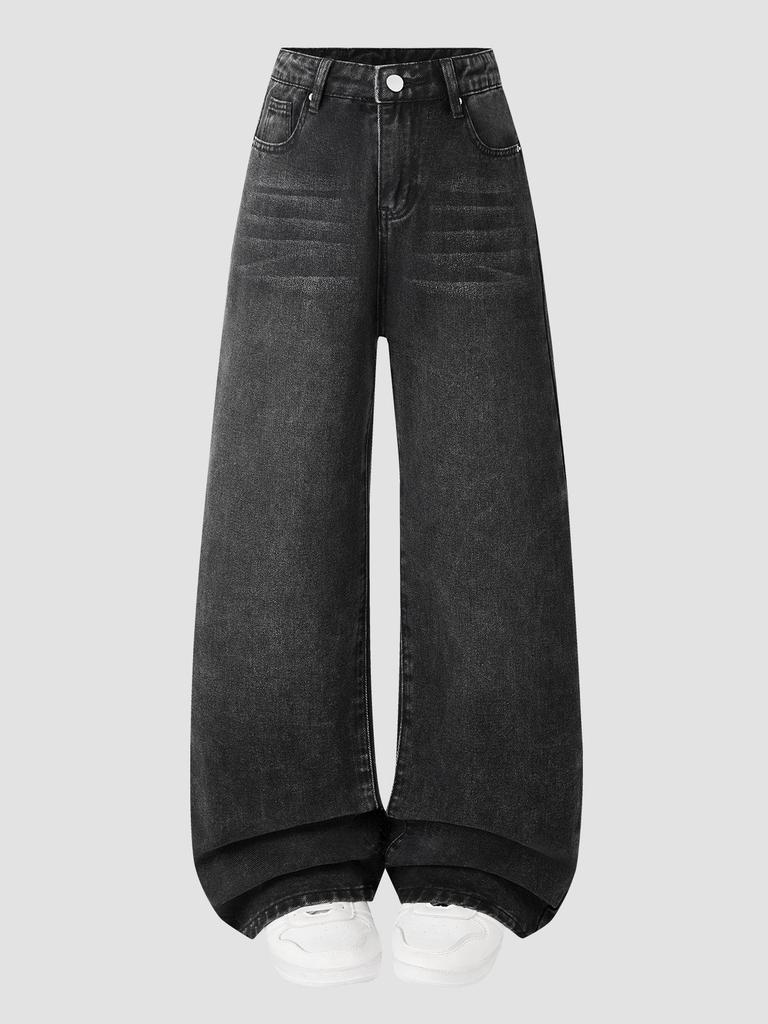 Teen Girls' Adjustable Waist High-Waisted Wide-Leg Jeans - Simple Design