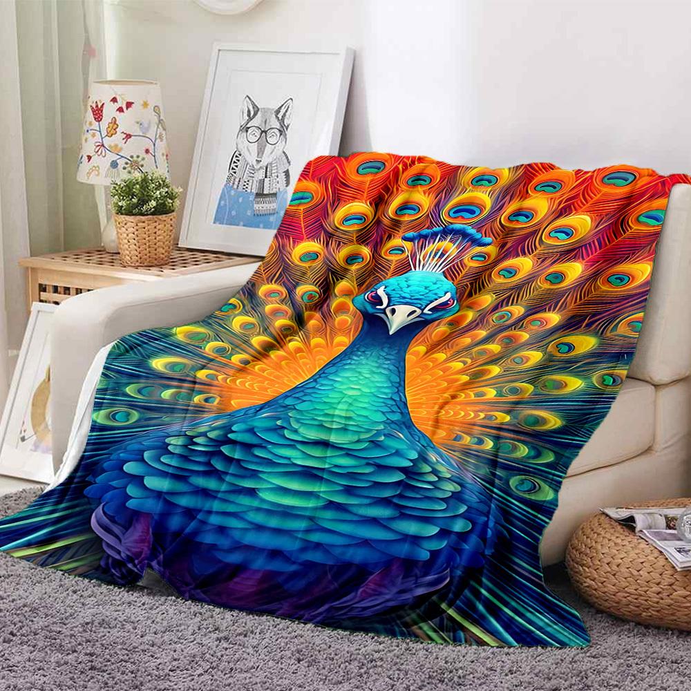 1pc Peacock Feather Blanket Lightweight Flannel Blanket Throw Blanket For Sofa, Bed, Travel, Camping, Livingroom, Office, Couch, Chair, And Bed yy2510