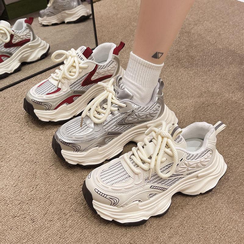 Fried Street Platform Dad Shoes Women's Height Increase Versatile Casual Shoes New Spring and Autumn Breathable Silver Sneakers