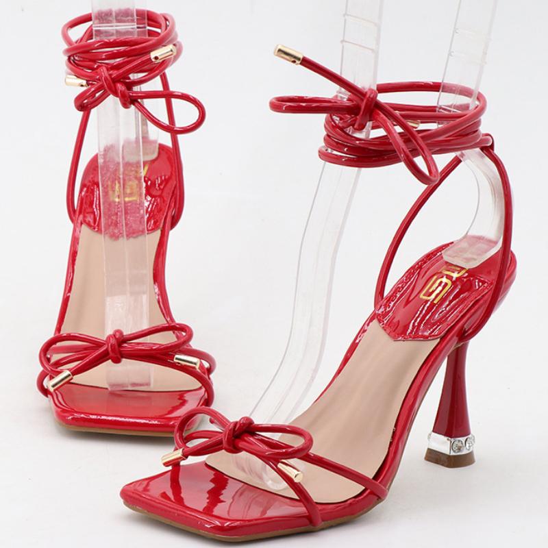 Fashion Luxury Rhinestone Bow Thin Heel Women Sandals Square Toe Narrow Band Slide Sandals Comfortable Open Toe Large Size Women Shoes