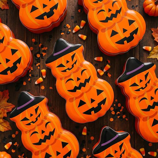 Halloween Pumpkin Candy Tin Box, Stacked Pumpkin Shaped Metal Treat Container with Lid, Orange Tinplate Case for Trick or Treat Party Favors