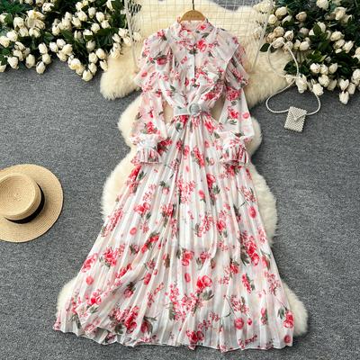 Vestido de chiffon estampado floral de alta costura francesa primavera novo babados bordas cintura fina elegante vestidos longos plissados