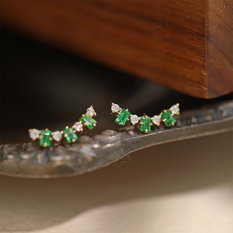 

925 Sterling Silver Emerald Zircon Earring Gold Plated Vintage Style Ear Stud, Elegant Statement Jewelry for Women Gold