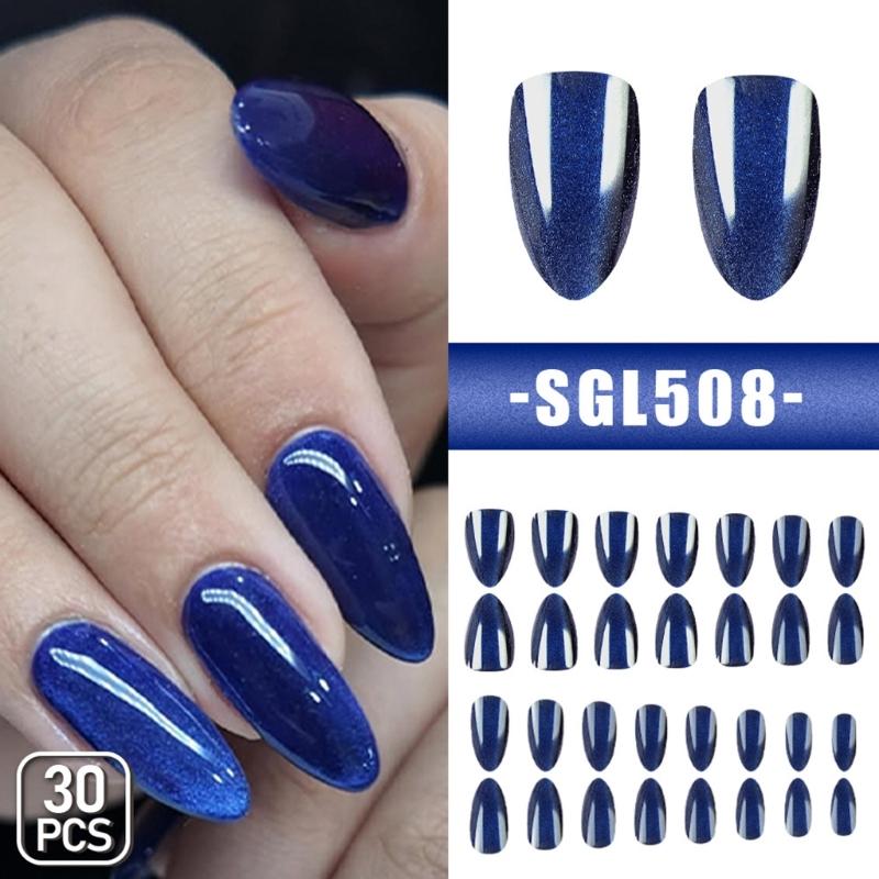 30Pcs Glitters Cats Eye Press On Nail Almond Fake Nail Full Cover Glues On Nail Acrylic Artificial Nail Stick On Nail