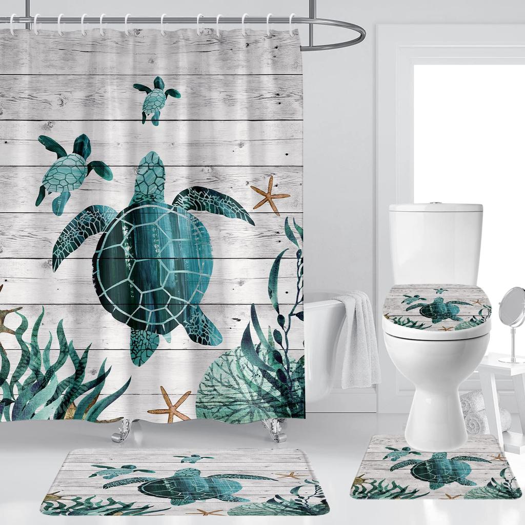 Sea Turtle Shower Curtain Set Non-Slip Rugs Toilet Lid Cover Bath Mat Nautical Ocean Bathroom Curtains Set Durable Waterproof