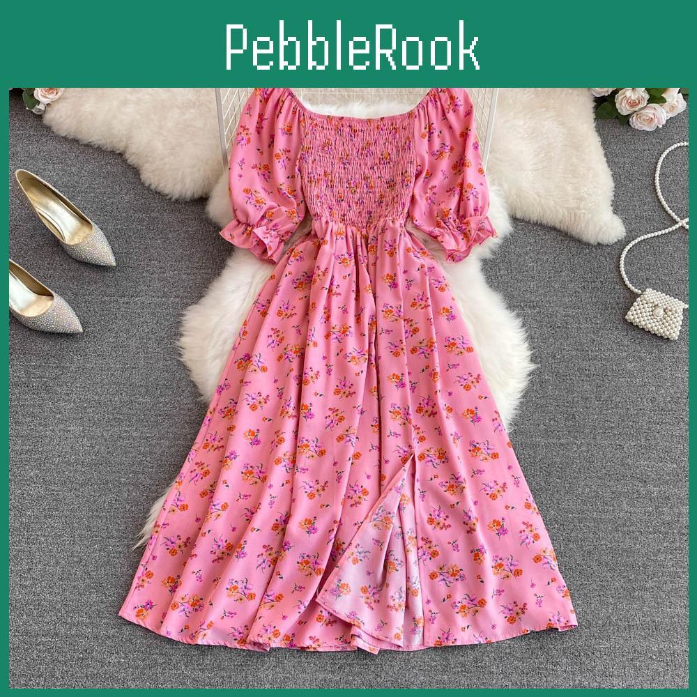 Print Women Floral Summer Romantic Dress Elegant Puff Sleeve Elastic Waist Party Vestidos Vacation Lady Robe