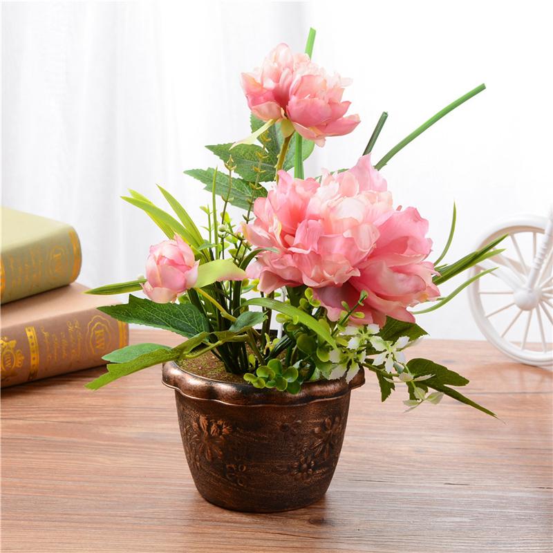 1 Set Artificial Simulation Silk Peony Flowers + Green Plant Bonsai With Flower Potted Wedding Party Home Decoration