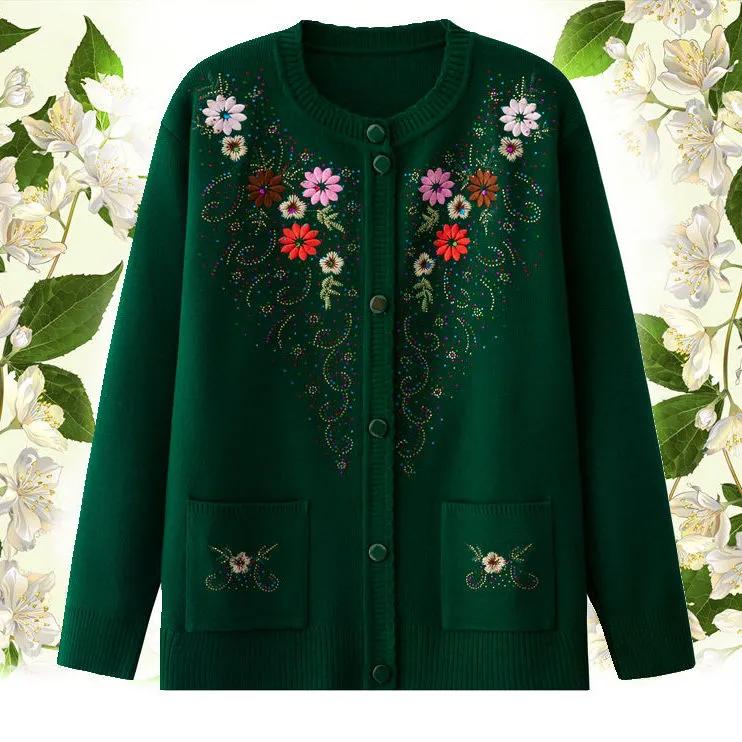Female Spring and Autumn Single-breasted Sweater Coat Middle-aged and Elderly Embroidery Knit Cardigan Jacket