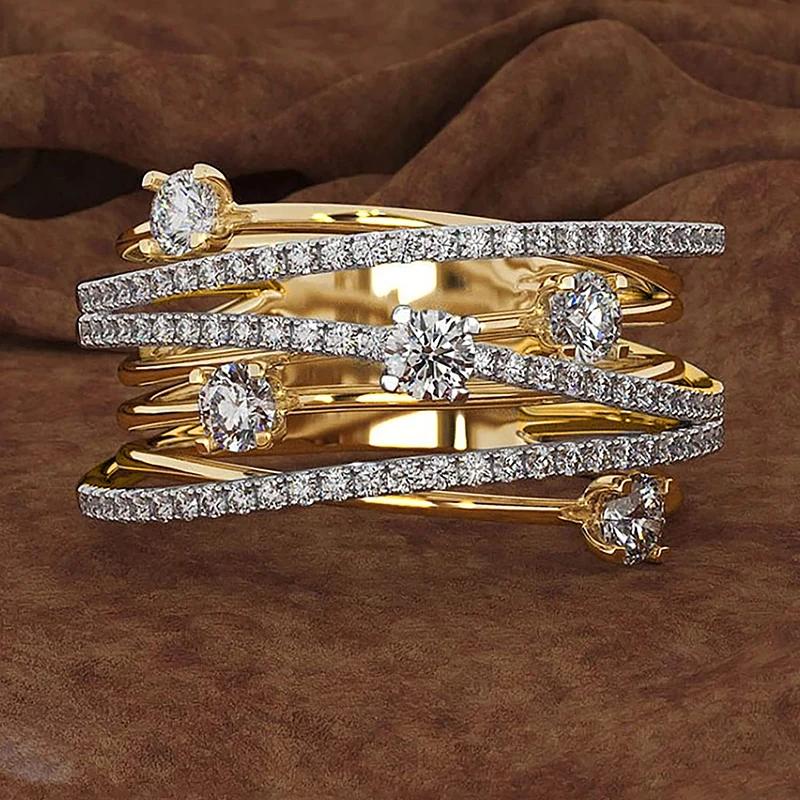 Huitan Lady Ring Gold Color/CopperColor Multi-layers Luxury Party Wedding Accessories Inlaid Sparkling CZ Daily Fashion Jewelry