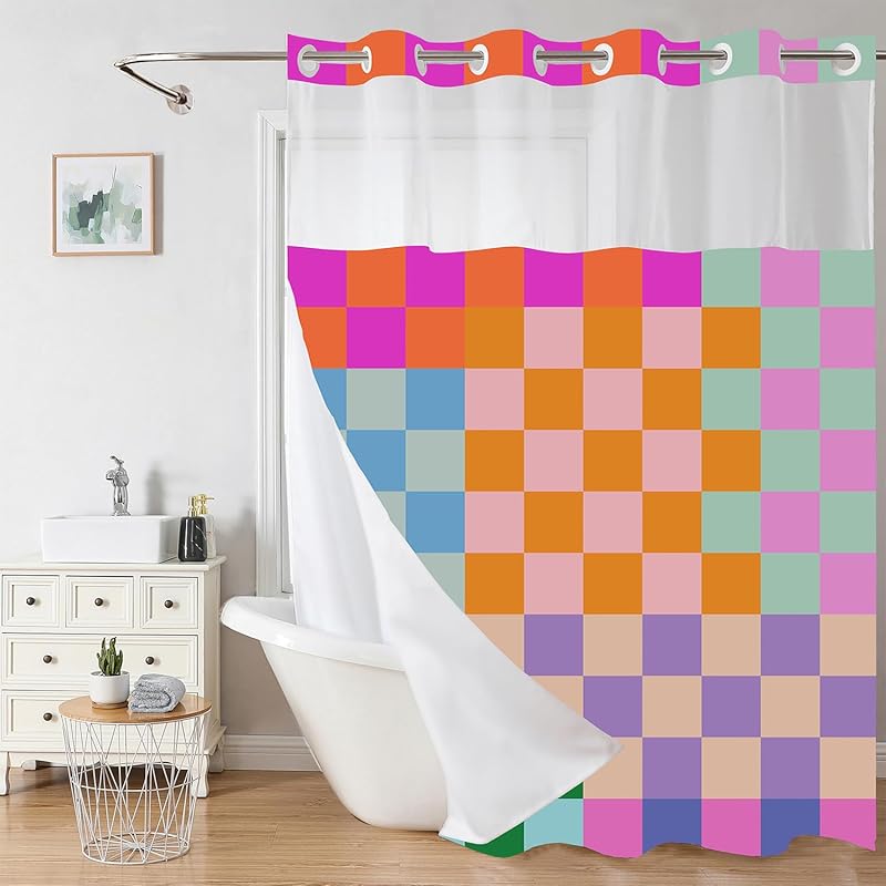 No Hook Pink Bow Shower Curtain and Liner Set Cute Shower Curtain with Snap in Liner Fabric Bathroom Curtain with Liner Set Double Layers Waterproof