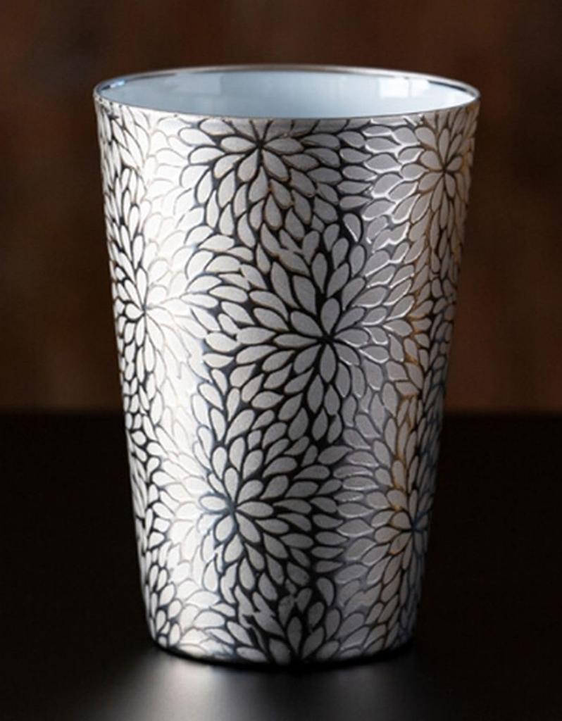 Transparent Platinum Tumbler with Chrysanthemum Wooden Made in Japan J-kitchens Ultra-Thin, Design, 370ml, Box,