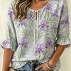 Women's Light Grey Purple Iris Palm Leaf Floral Print Tie V Neck Ruffle 3/4 Sleeve Elegant Soft Spring Blouse