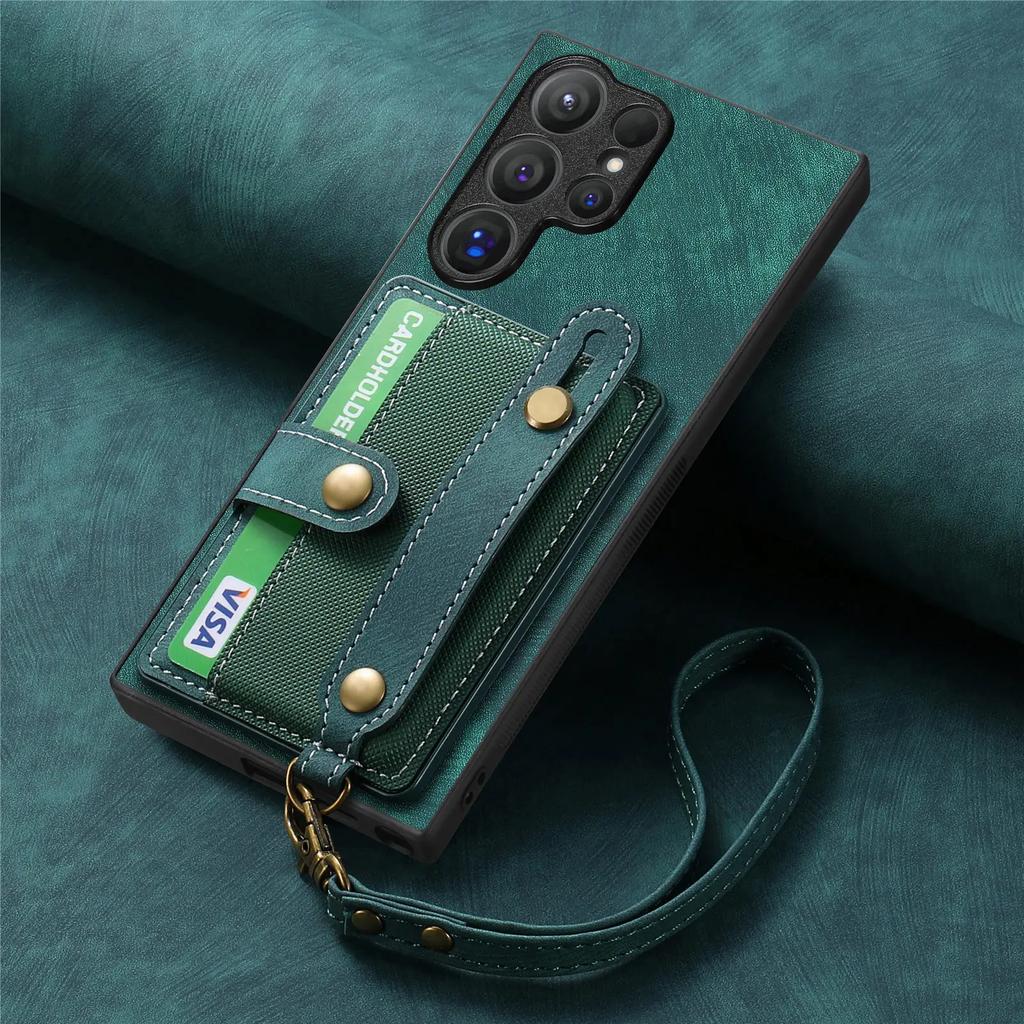 Wrist Strap Phone Case for Samsung Galaxy S24 Plus S23 FE S25 S22 Ultra A06 A16 A36 A05 A15 A25 A35 A55 Wallet Card Holder Cover