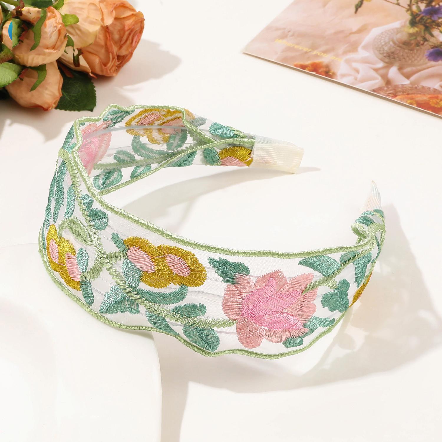 

Элегантная шифоновая повязка для волос с цветочной вышивкой для женщин, милое украшение для волос, повязка на голову, обруч для волос, тюрбан, модные аксессуары для волос зелёный