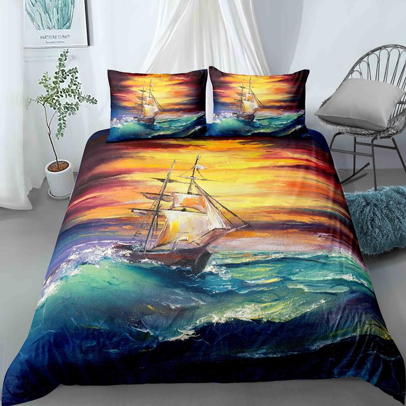 Beautiful Pink Sunset Boat Duvet Cover Set Sea Boat Comforter Cover Polyester Bedding Set With Pillowcase For Kids Boys Girls
