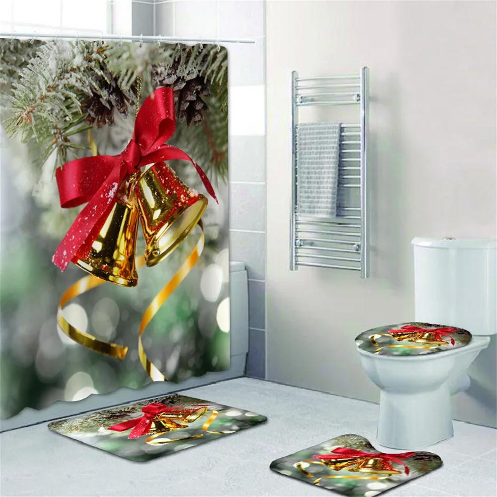 4pcs Merry Christmas Shower Curtain Polyester Shower Curtain Pedestal Rug Set Bathroom Decor Waterproof Curtain