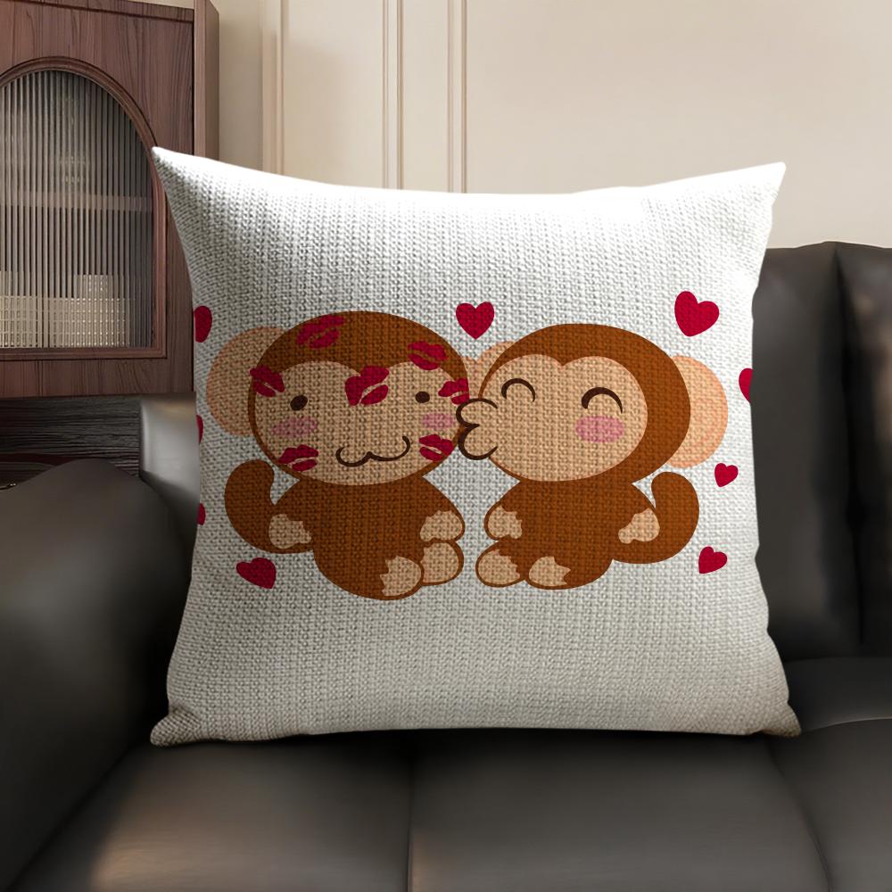 Happy Monkey Cushion Cover Summer Breathable Linen Organic Fabric Double-Sided Printing Sofa Pillow Case Home Decor