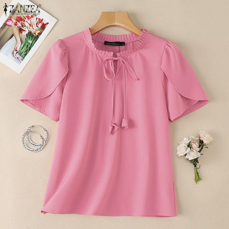 ZANZEA Blusa Casual de Mujer con Cuello Redondo, Color Sólido, Manga Corta Suelta