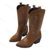 Women's Mid Calf Boots 2026 Autumn Winter Embroidery Vintage Knight Boots Pointed Toe Non Slip Luxury Chunky Heels Shoes