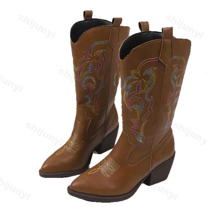 Women's Mid Calf Boots 2026 Autumn Winter Embroidery Vintage Knight Boots Pointed Toe Non Slip Luxury Chunky Heels Shoes