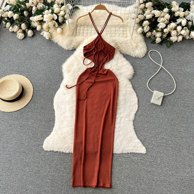 Slim Looking Hollow-out Halter Dress Socialite Mop Sling