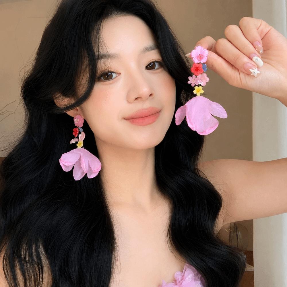 1pair Resin Fabric Fabric Flower Earring Contrasted Blush-colored Ear Accessories Women Girl