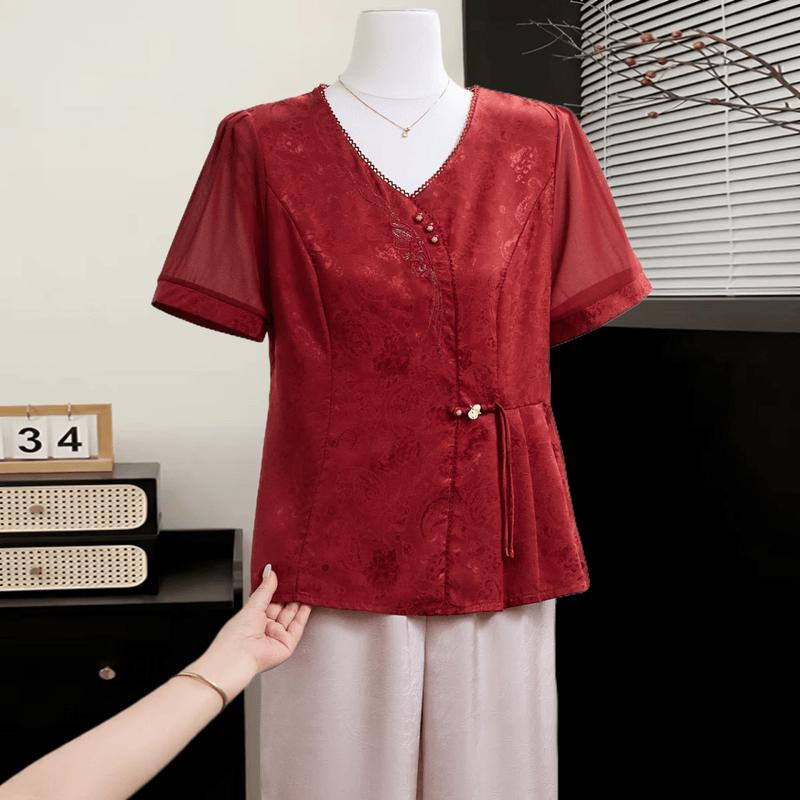 New Chinese Style Embroidered V-Neck Summer Blouse XL красный