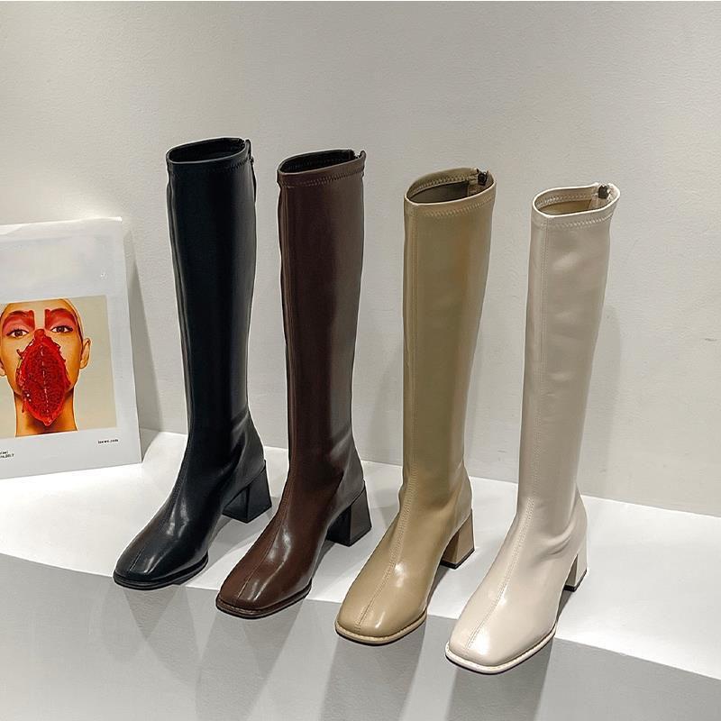 Maogu Damen Damen Gummischuhe Sexy Quadratischer Absatz Oberschenkelhohe High Heels 2025 Luxus Winter Stiefel mit Absatz Neue Schwarze Knielange Stiefel