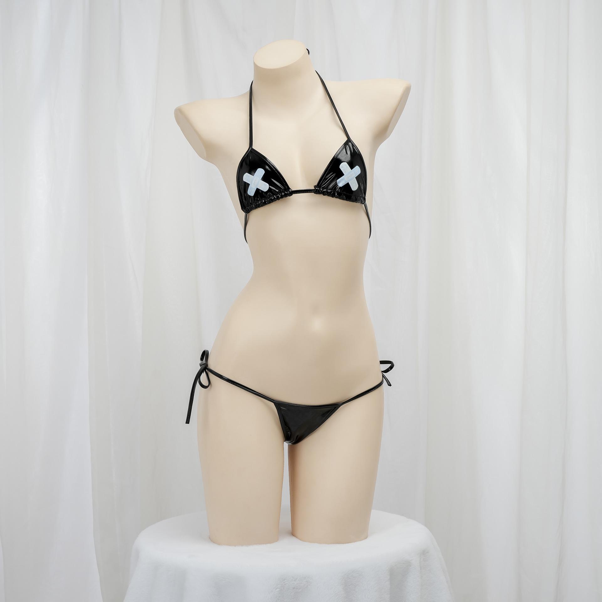 

Sleek Three-Piece Patent Leather Halter Tie Bikini Set C0406 One Size