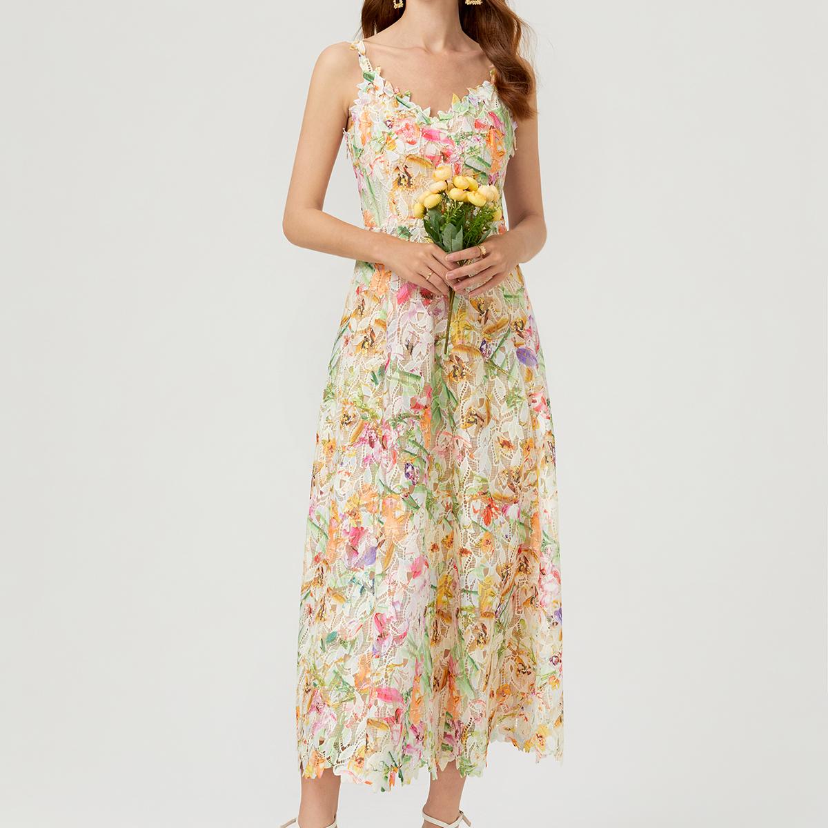 

Летние женские брендовые дизайнерские принты вышитые кружевные платья для показа на подиуме элегантные платья на тонких бретельках с открытой спиной 2XL абрикосовый