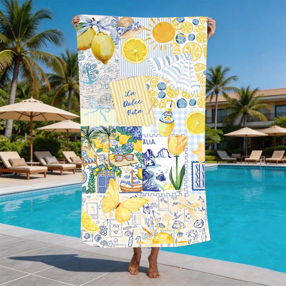 Blue White Tile Vintage Lemon Collage Print Beach Towel Microfiber Pool Towel Summer Beach Swim Outdoor Gym Camping Travel