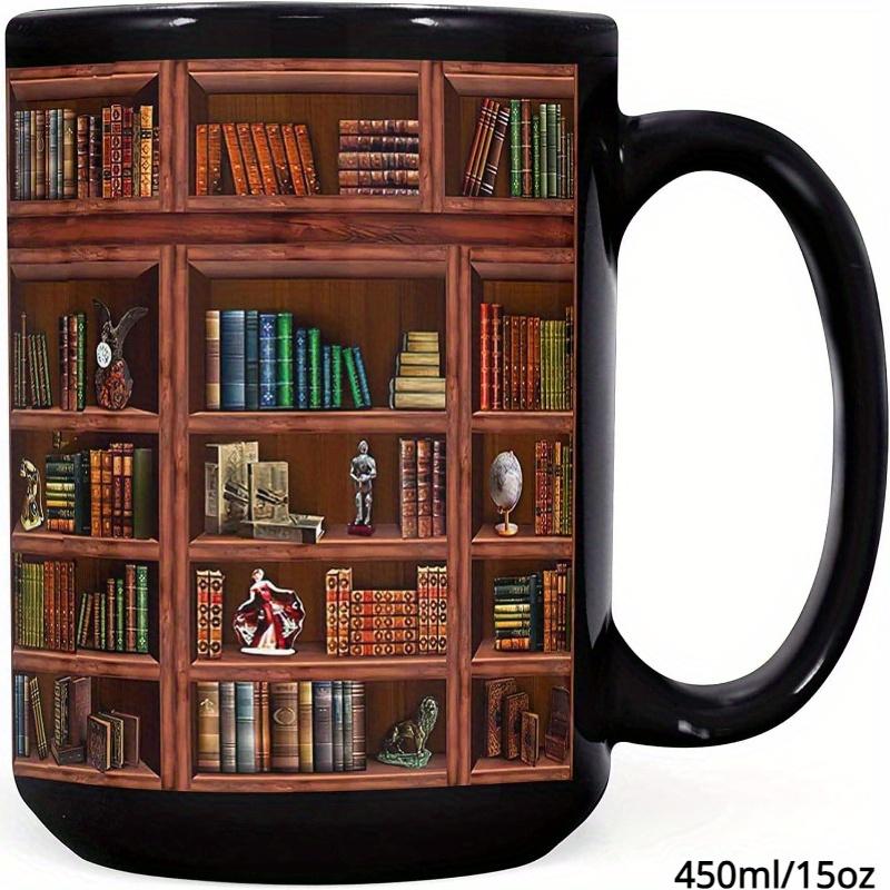1 Stück Bibliotheks-Bücherregal-Tasse, Bibliothekar, Bücherwurm-Becher, Geschenke, für Leser, Bücherwurm-Geschenke, schwarz, 350 ml/11 Unzen und 450 ml/15 Unzen