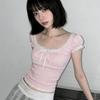 Sweet and Pure Style Color-Blocked Bow Ribbon Design Lace-Trimmed Puff Sleeve T-Shirt Playful Slim-Fit Short Top