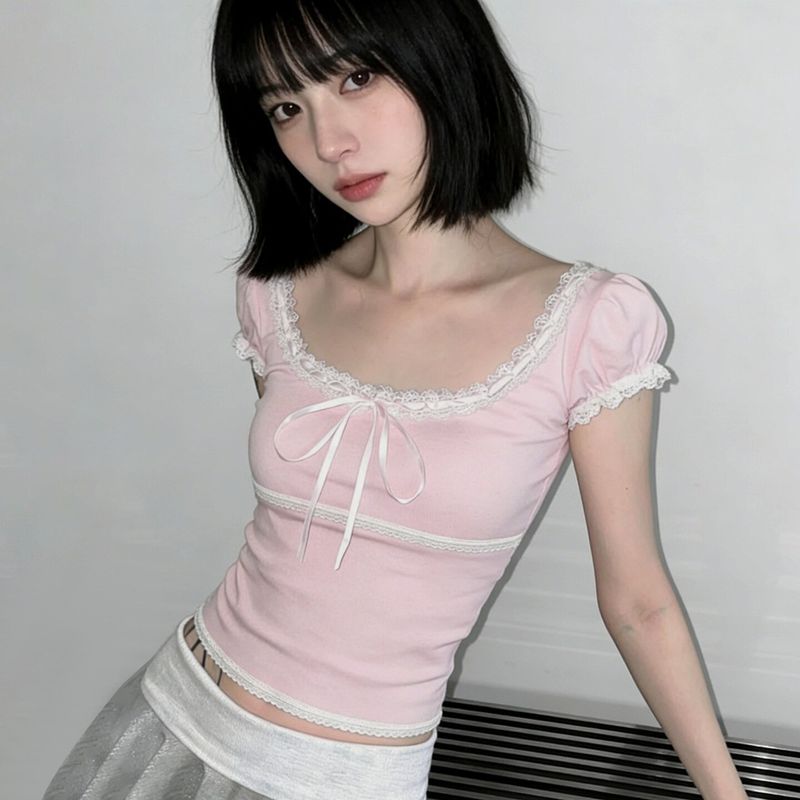 Sweet and Pure Style Color-Blocked Bow Ribbon Design Lace-Trimmed Puff Sleeve T-Shirt Playful Slim-Fit Short Top