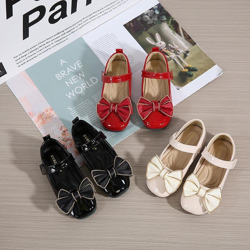 Fashion Girl Leather Shoes 2025 Autumn New Style Girl Bow Shoes Simple Women's Le Fu Shoe Children's Watch Girl Ball Shoesv