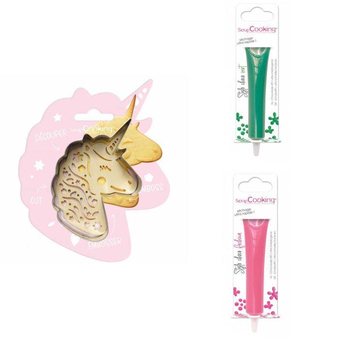 Kit pour biscuit en relief Licorne + 2 Stylos au chocolat vert et fuchsia