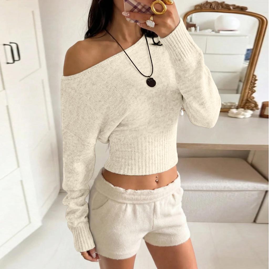 Women's Off Shoulder Long Sleeve Knit Color Fitted Pullover
