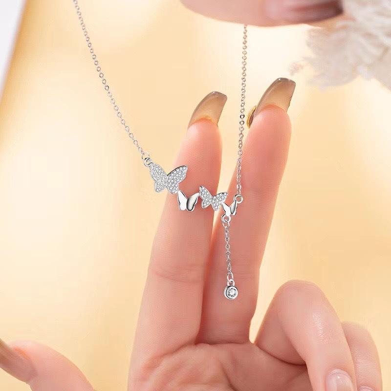 Full Diamond Butterfly Tassel Necklace Simple Fashion High Sense Women's Pendant Niche Design Versatile Collarbone Chain