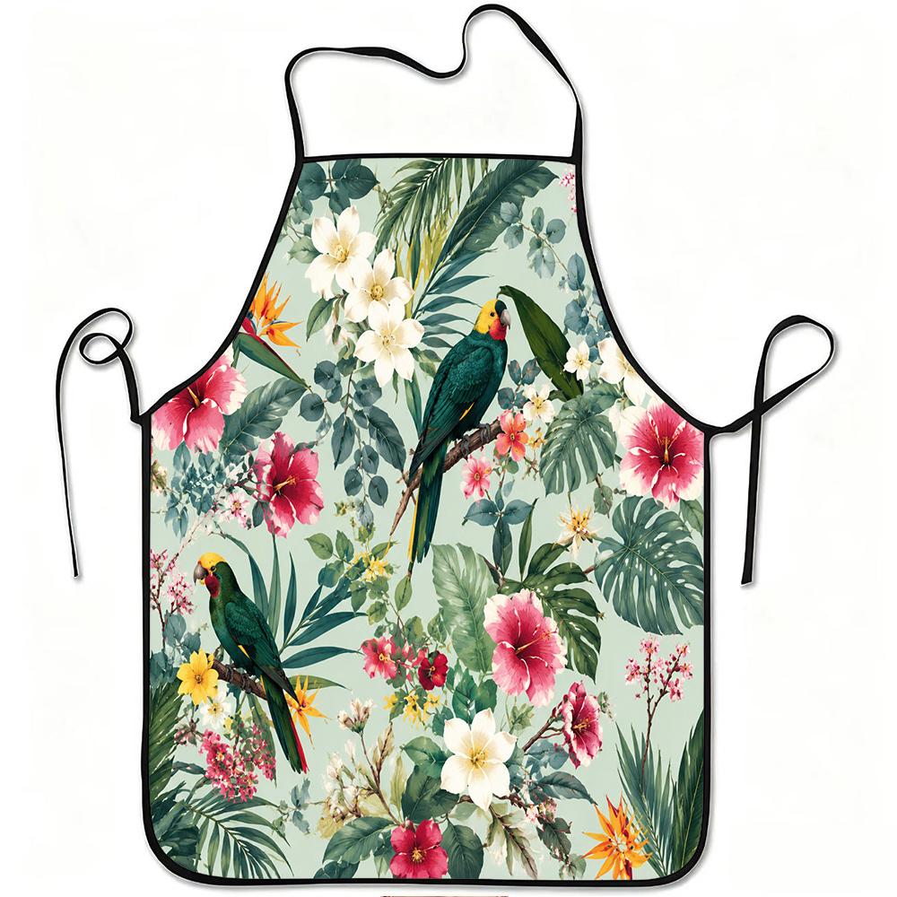 1pc Tropical Parrot & Hibiscus Flower Apron - Adjustable Waistband, Durable Easy-Clean Polyester with Hibiscus & Parrot Print Suitable for Cooking, Ga